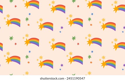 Seamless pattern with shooting star with rainbow trail. Symbol of LGBTQ pride community. LGBT pride month. Vector illustration