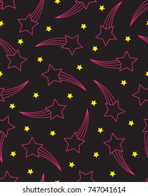 Seamless pattern with shooting stars in black, pink and yellow.