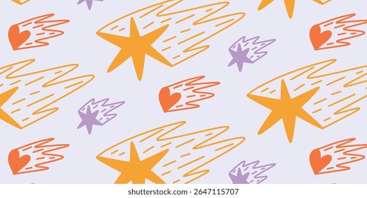 Seamless Pattern with Shooting Stars and Comets. Doodle Style Orange Yellow Purple Star Shapes with Trails and Heart Elements. Pastel Background. Vector Illustration Design