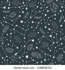 Seamless pattern with shooting stars, leaves, herbs and zodiac signs.