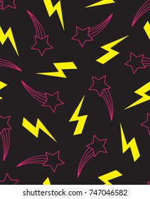 Seamless pattern with shooting stars and lightning, in black, pink and yellow.