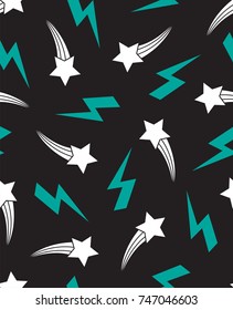 Patrón sin fisuras con estrellas fugaces y relámpagos, en negro, blanco y azul.