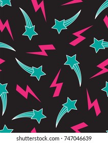 Seamless pattern with shooting stars and lightning, in black, white, pink and blue.