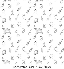 Seamless Pattern Shop, Shopping. Print For Baby Fabric. Wrapping Paper Design. Toy Bear, Carrot, Beet, Shopping Cart, Grocery Basket, Baguette, Bread, Loaf, Banana, Corn. Consumer Basket. Doodle