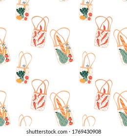 Seamless pattern with shopper bag. Eco-friendly fabric bag filled with vegetables. Go green.