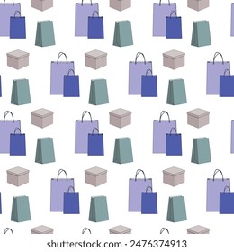 Patrón inconsútil de bolsas de compras y cajas sobre un fondo blanco.
