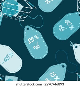 Seamless pattern with shopping baskets and sale price tags. Blue palette. Vector illustration