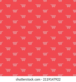 Seamless pattern shopping cart line icon on red background.