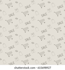 Seamless pattern with shopping carts, gift and sale.Vector background