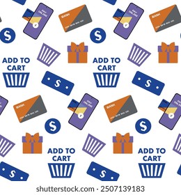 Seamless pattern with shopping Elements in Cartoon style. Vector background with Credit Card, Phone Payment, Shopping Cart. Use for online shop, mobile app, online store, buying on internet banner