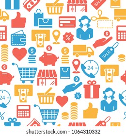 Seamless pattern with shopping icons in silhouette style. Background with icons purse, delivery, shop, discount. Vector flat illustration.