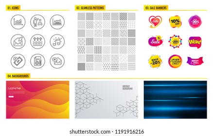 Seamless pattern. Shopping mall banners. Set of Documentation, Musical note and Algorithm icons. Graph, Infographic graph and Open mail signs. Rejected payment, Evaporation and New mail symbols