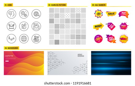 Seamless pattern. Shopping mall banners. Set of Good mood, Creativity concept and Balance icons. Work, International Ð¡opyright and Painting brush signs. Mail newsletter, Globe and Exhibitors symbols