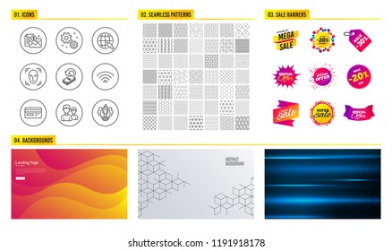 Seamless pattern. Shopping mall banners. Set of Credit card, Work and Internet icons. Couple, Wifi and Cashback signs. Accounting report, Face detection and Clown symbols. Vector