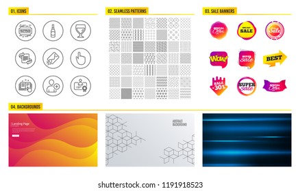 Seamless pattern. Shopping mall banners. Set of E-mail, Add user and Fastpass icons. Beer bottle, Hand click and Technical documentation signs. Marketing, Wine glass and Certificate. Vector patterns