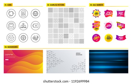 Seamless pattern. Shopping mall banners. Set of Idea, Mail and Comments icons. Face detect, Restructuring and Remove signs. Recycle, Verify and Engineering symbols. Vector