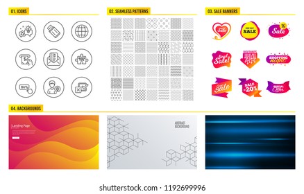 Seamless pattern. Shopping mall banners. Set of Usb flash, Buy button and Atm service icons. Globe, Quick tips and Idea signs. Credit card, Person idea and Checkbox symbols. Vector