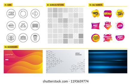Seamless pattern. Shopping mall banners. Set of Group, Sales diagram and Next icons. Web shop, Creativity and Receive file signs. Loop, Parking garage and Takeaway coffee symbols. Vector