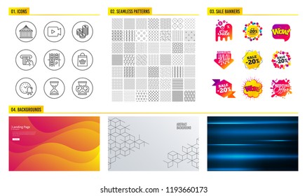 Seamless pattern. Shopping mall banners. Set of Coins, Online buying and Parking place icons. Video camera, Carousels and Alarm bell signs. Time hourglass, Credit card and Hourglass symbols. Vector