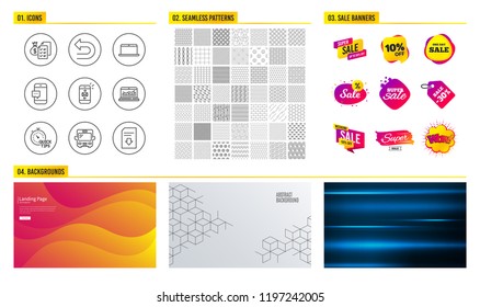 Seamless pattern. Shopping mall banners. Set of Quick tips, Bus and Web analytics icons. Mail, Laptop and Accounting wealth signs. Undo, Smartphone message and Download file symbols. Vector