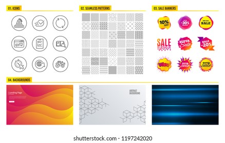 Seamless pattern. Shopping mall banners. Set of Refresh, Checkbox and Report document icons. Timer, Search book and Roller coaster signs. Browser window, World globe and Tractor symbols. Vector