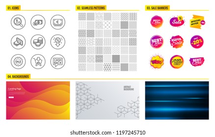 Seamless pattern. Shopping mall banners. Set of Shopping, Discount and Sale icons. Cash, Dollar money and Euro currency signs. Currency audit, Tips and Money transfer symbols. Vector