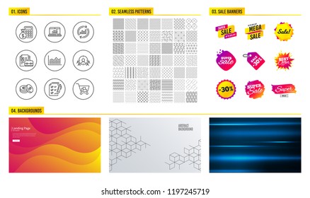 Seamless pattern. Shopping mall banners. Set of Vacancy, Survey checklist and Savings icons. Update data, Finance calculator and Business targeting signs. Vector