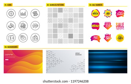 Seamless pattern. Shopping mall banners. Set of Column chart, Cashback card and Dollar wallet icons. Shopping bags, 24 hours and Sale megaphone signs. Dollar target, Atm money and Wallet symbols