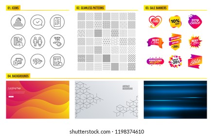 Seamless pattern. Shopping mall banners. Approved message, Restroom and Tutorials icons. Roller coaster, Contactless payment and Airplane. Checkbox, Interview and Internet report banners. Vector