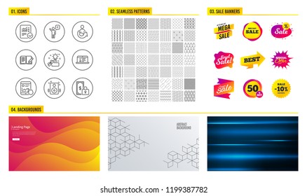 Seamless pattern. Shopping mall banners. Set of Feedback, Web lectures and Agent icons. Internet report, Creative idea and Speakers signs. Share, Checked calculation and Private payment symbols