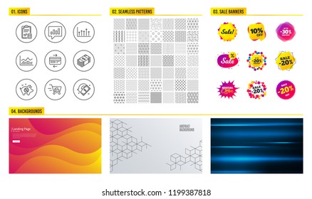 Seamless pattern. Shopping mall banners. Set of Piggy sale, Usd currency and Trade infochart icons. Credit card, Accounting checklist and Shopping cart signs. Vector