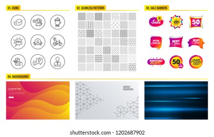 Seamless pattern. Shopping mall banners. Set of Checkbox, Bicycle parking and Education icons. Lightning bolt, People and Business targeting signs. Latte coffee, Idea and Human symbols. Pattern Vector