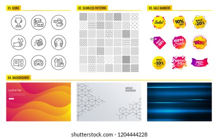 Seamless pattern. Shopping mall banners. Set of Technical info, Vacancy and Headphones icons. Award cup, Present delivery and People signs. Rubber gloves, Car and Surprise package symbols. Vector