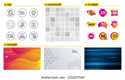 Seamless pattern. Shopping mall banners. Set of Typewriter, Instruction info and Technical info icons. Smile, Cashback and Accounting report signs. Pattern vector