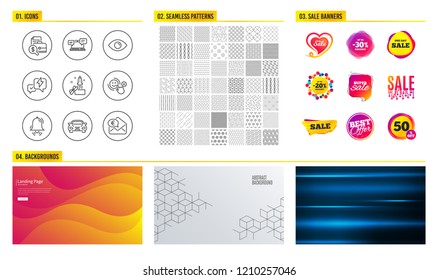 Seamless pattern. Shopping mall banners. Set of Car, Eye and Innovation icons. Accounting report, Clock bell and Customer satisfaction signs. Internet chat, Lightning bolt and Euro money symbols