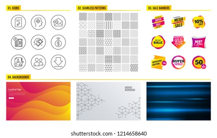 Seamless pattern. Shopping mall banners. Set of Contactless payment, Parking payment and Send mail icons. Edit document, Recruitment and Cashback signs. Algorithm, Users and Downloading symbols