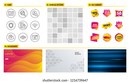 Seamless pattern. Shopping mall banners. Set of Security, User and Quiz test icons. Wifi, Analytics and Calendar signs. Share idea, Blocked card and Video content symbols. Vector