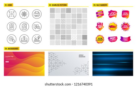 Seamless pattern. Shopping mall banners. Set of Contactless payment, Idea lamp and Update document icons. International globe, Minimize and Printer signs. Vector