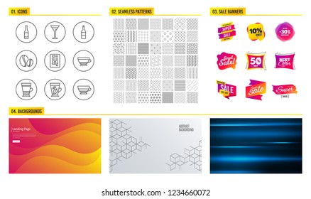 Seamless pattern. Shopping mall banners. Set of Wine, Beer and Coffee vending icons. Coffee beans, Martini glass and Dry cappuccino signs. Double latte, Mint leaves and Americano symbols. Vector