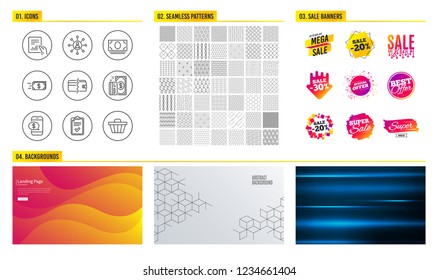 Seamless pattern. Shopping mall banners. Set of Checklist, Phone payment and Money transfer icons. Networking, Payment and Cash money signs. Document, Shop cart symbols. Vector