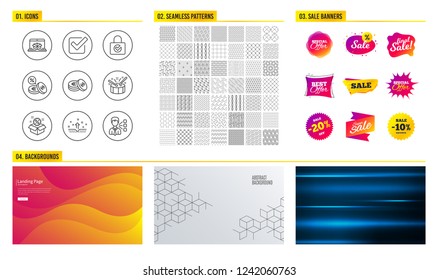 Seamless pattern. Shopping mall banners. Set of Sale, Checkbox and Clean skin icons. Savings, Password encryption and Currency exchange signs. Online delivery, Drums and Third party symbols. Vector