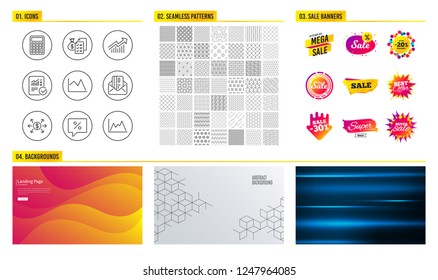 Seamless pattern. Shopping mall banners. Set of Discount message, Accounting wealth and Demand curve icons. Calculator, Credit card and Line chart signs. Vector