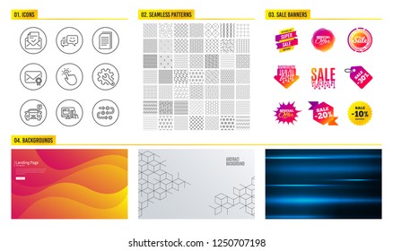 Seamless pattern. Shopping mall banners. Set of Parking, Verified mail and Touchpoint icons. Online payment, Copy files and Approved mail signs. Vector