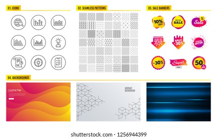 Seamless pattern. Shopping mall banners. Set of Money diagram, Report and Investment graph icons. Upper arrows, Line graph and Education signs. Internet search, Idea and Interview symbols. Vector