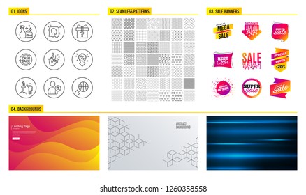 Seamless pattern. Shopping mall banners. Set of Head, Launch project and Cleanser spray icons. Find user, Discount and Secret gift signs. Cashback, Jazz and Basketball symbols. Vector
