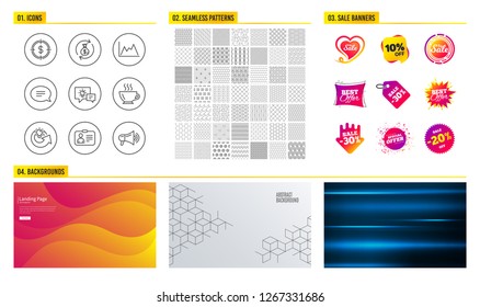 Seamless pattern. Shopping mall banners. Set of Share idea, Chat and Money exchange icons. Idea lamp, Diagram and Coffee signs. Dollar target, Id card and Megaphone symbols. Vector