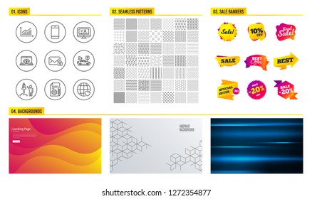 Seamless pattern. Shopping mall banners. Set of Graph, Smartphone and Launch project icons. Secure mail, Online video and Parking security signs. Vector