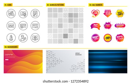 Seamless pattern. Shopping mall banners. Set of Hdd, Change card and Certificate icons. Technical info, Accounting and Rocket signs. Edit person, Dj controller and Web shop symbols. Vector