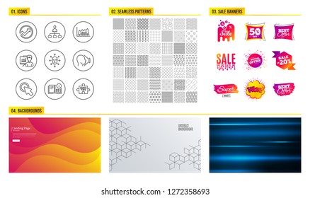 Seamless pattern. Shopping mall banners. Set of Click here, Infographic graph and Face id icons. Audit, Presentation and Instruction info signs. Face biometrics, Management and Quick tips symbols