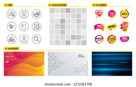 Seamless pattern. Shopping mall banners. Set of Vitamin e, Pay money and Tips icons. Certificate, Engineer and Algorithm signs. Delete file, Typewriter and Search symbols. Vector